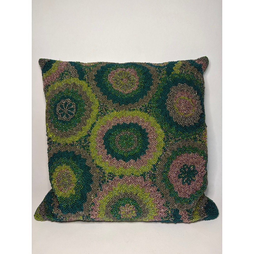 Beaded Throw Pillow Art Deco Removeable Cover Jewel Luxury Green Geometric